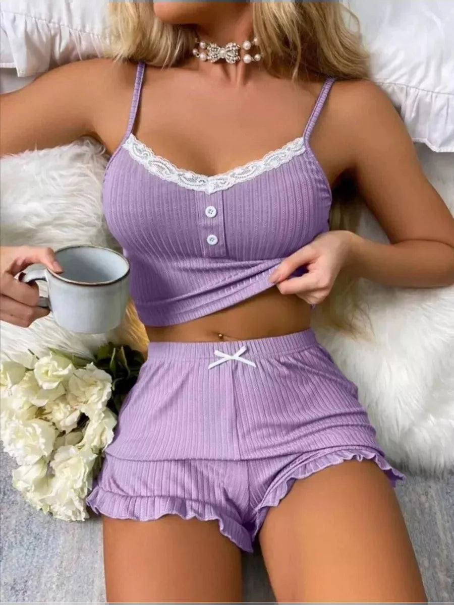 CN Sichuan Guangdong Pajamas Set Women Lace Patchwork Top Shorts