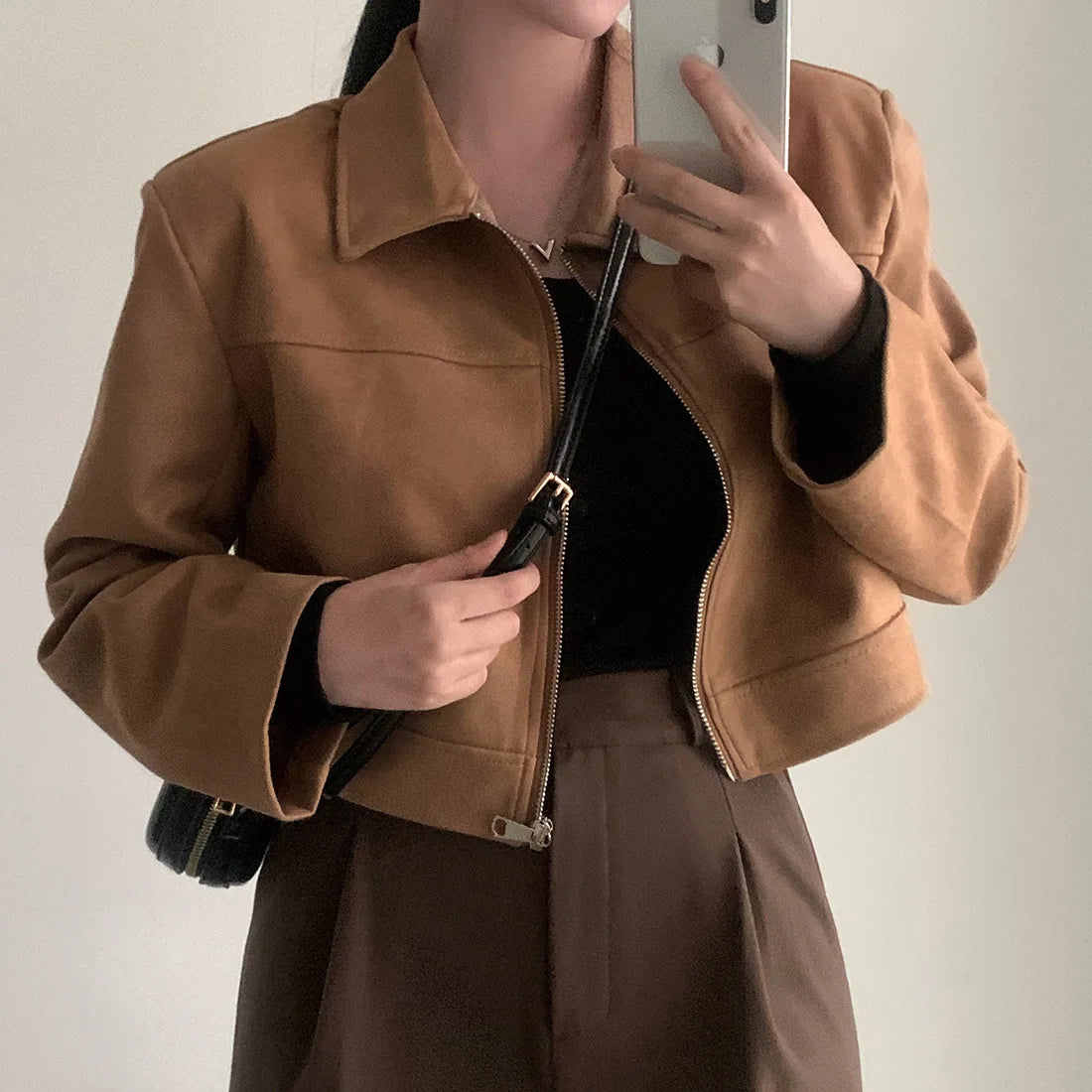 Autumn Lapel Zipper Jacket For Women Short Polyester Casual