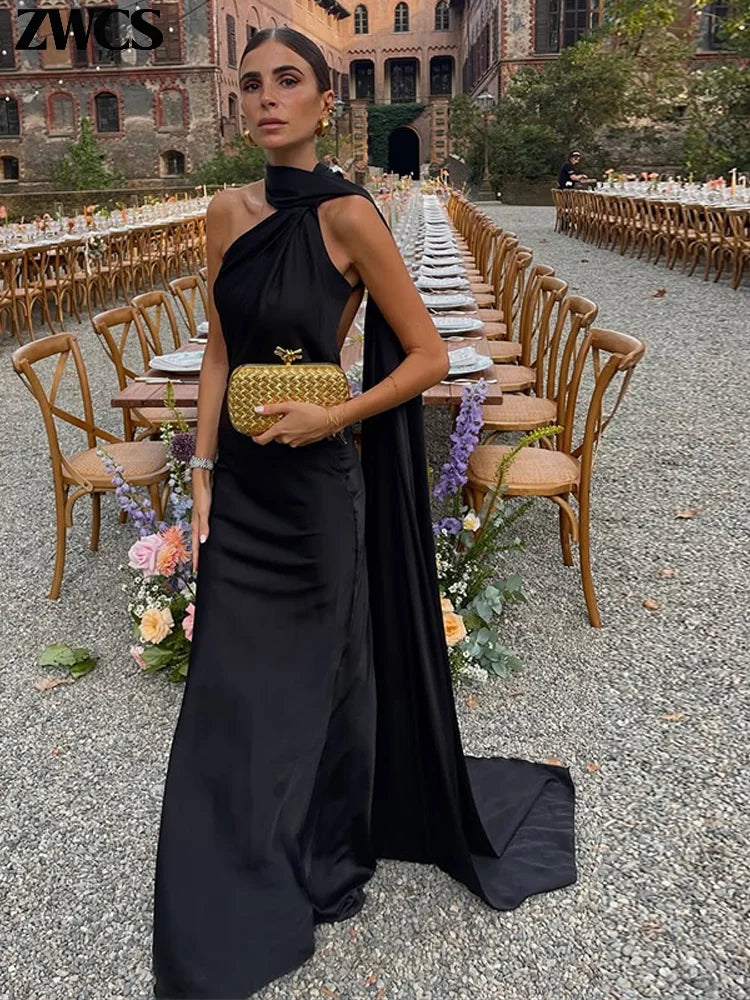 Chin Sweety Satin Ribbons Backless Halter Party Dress