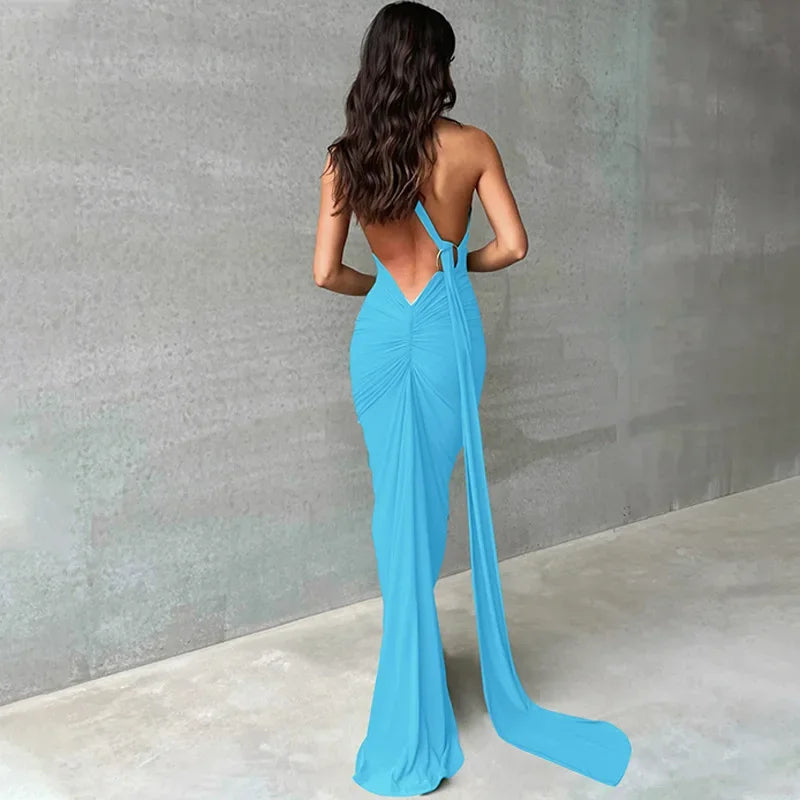 Elegant Women's Backless Ruched Bodycon Maxi Dress For Evening Party