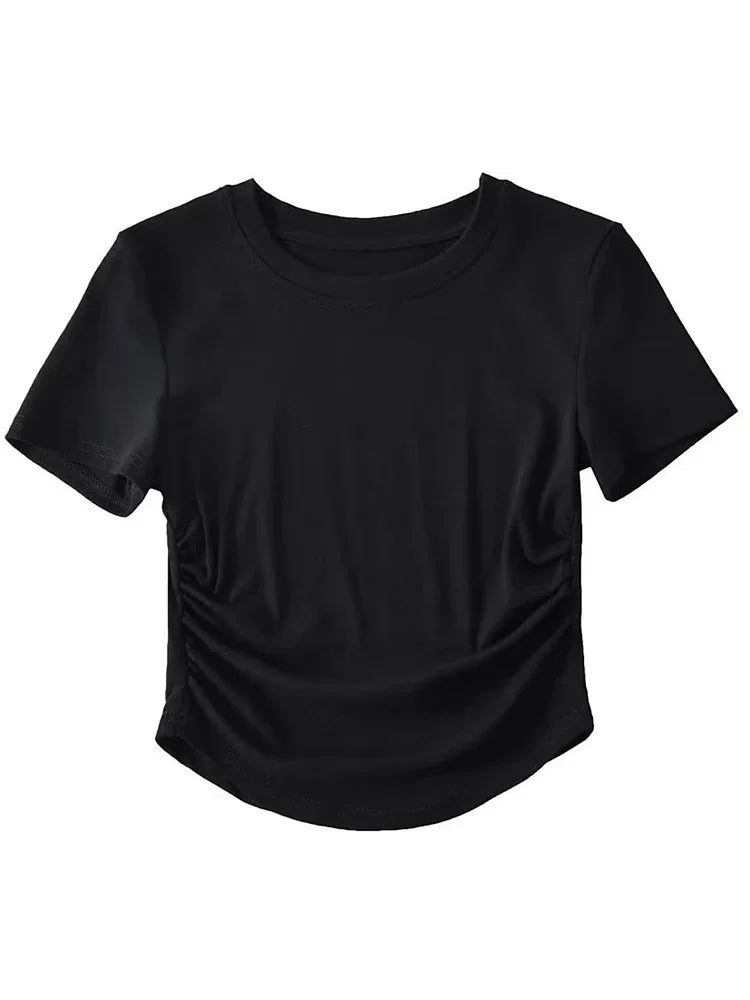 Harajuku Women Ruched Sides Detail Cotton Tee Crew Neck