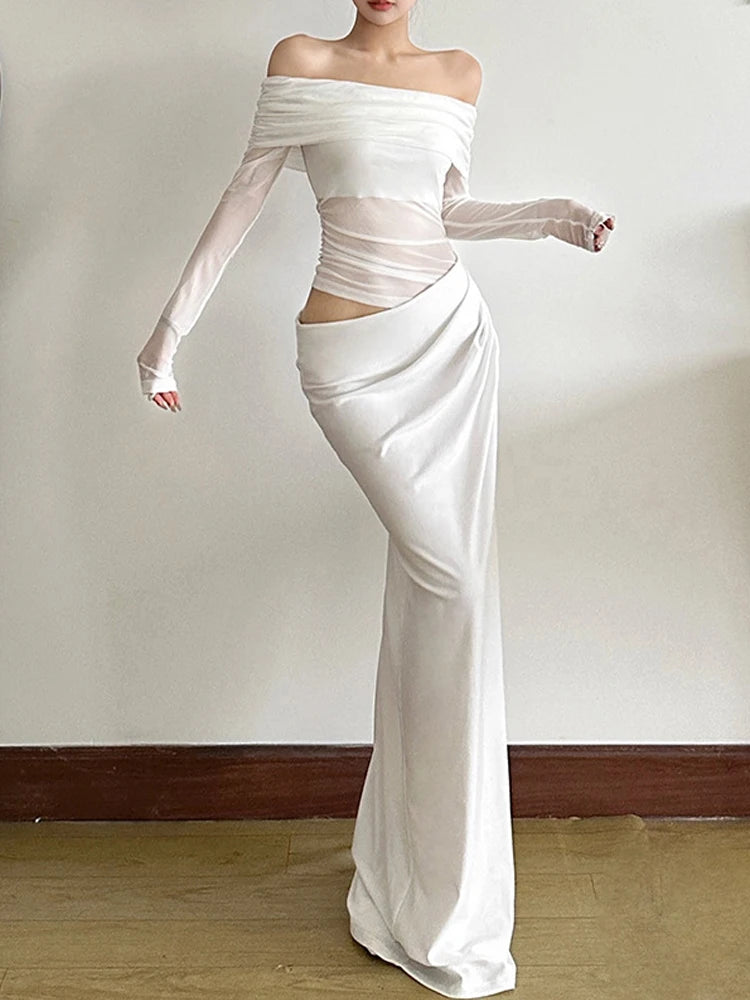 Nibber Patchwork Mesh Dress Women Ruched Elegant Party