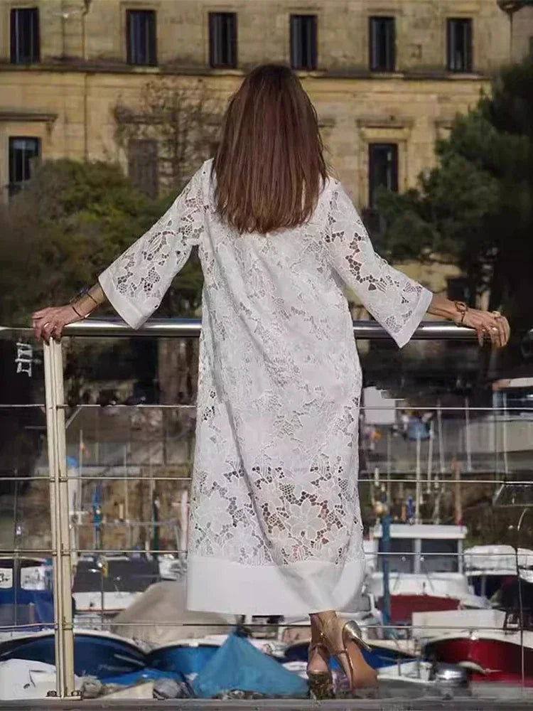 Abrini Embroidery Lace Dress Women V Neck Hollow Out Boho