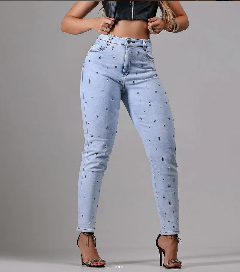 Women's High Waist Beaded Denim Jeans Slim Fit Elastic Casual