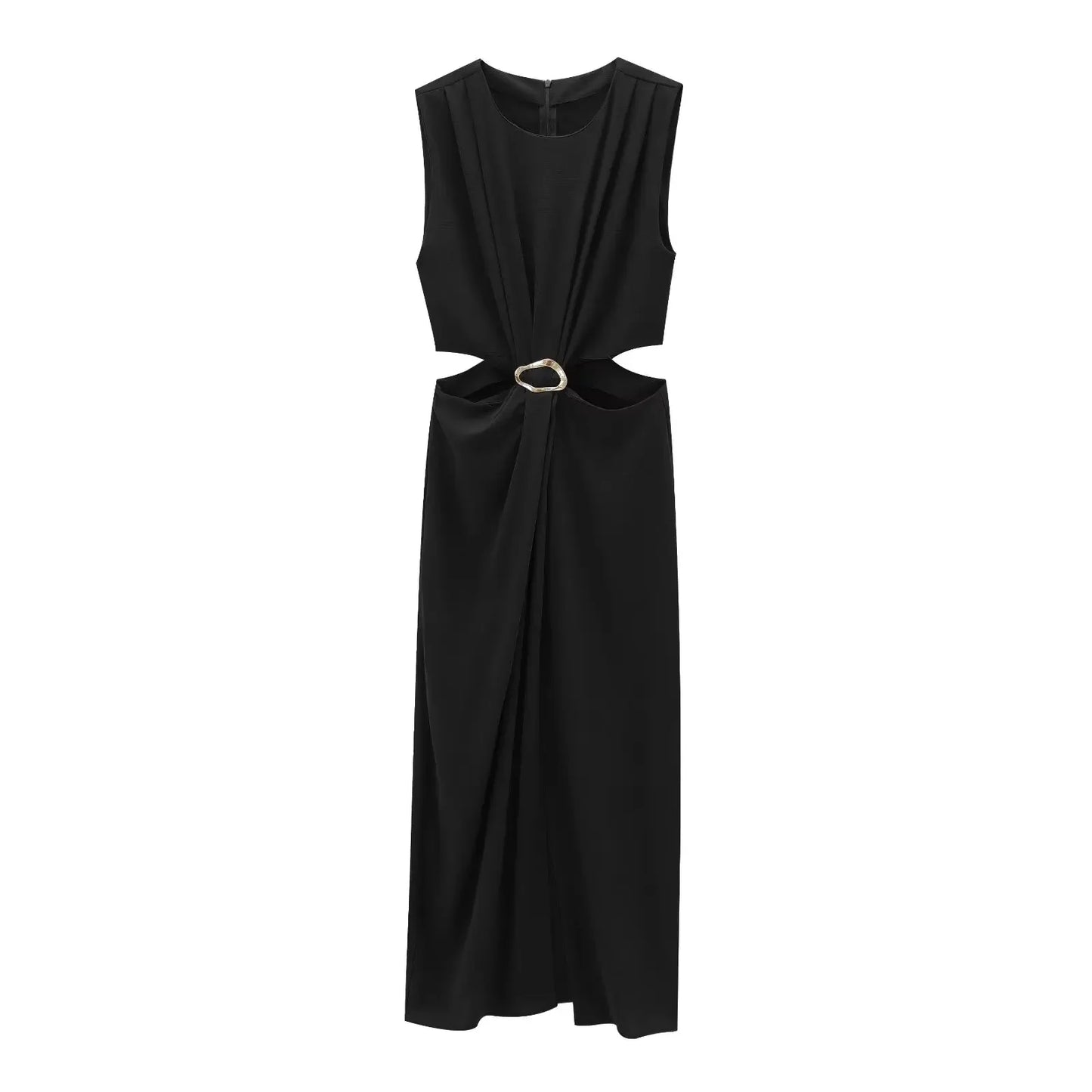PEAOFBLRDCN Autumn Winter Sleeveless Long Dress Buckle