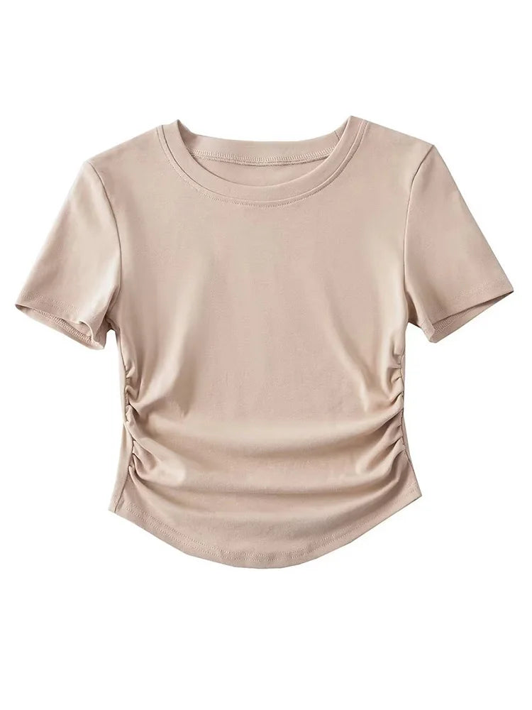 Harajuku Women Ruched Sides Detail Cotton Tee Crew Neck