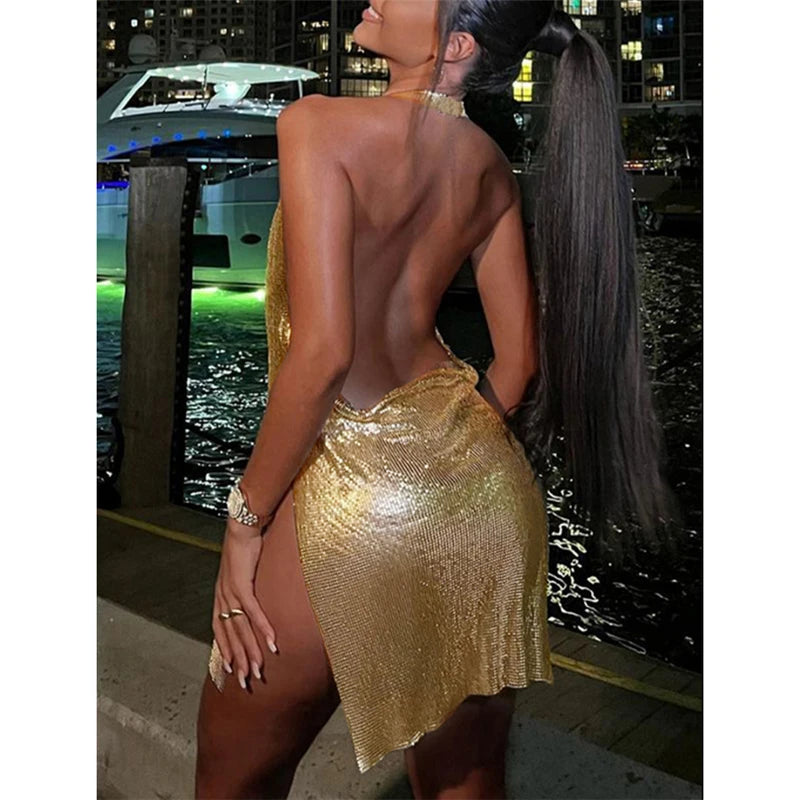 Hirigin Backless Glitter Bodycon Dress Women Sleeveless Clubwear