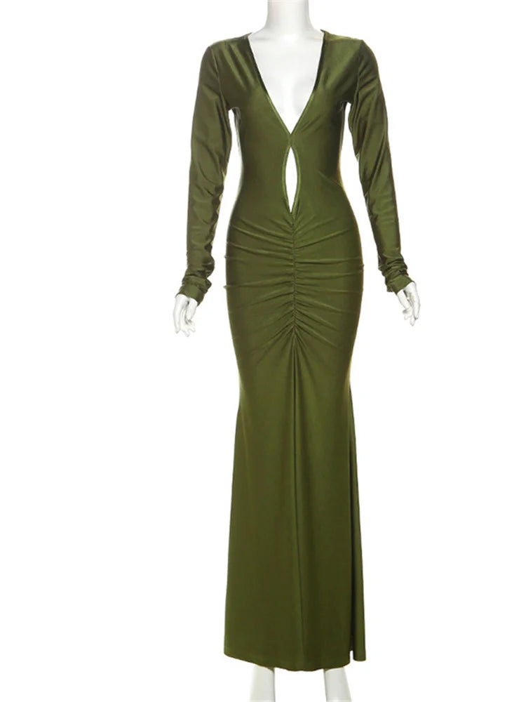 Nibber Elegant High Street Women Dress Hollow Out Low Neck Full Sleeve Body Shaping Evening Wear