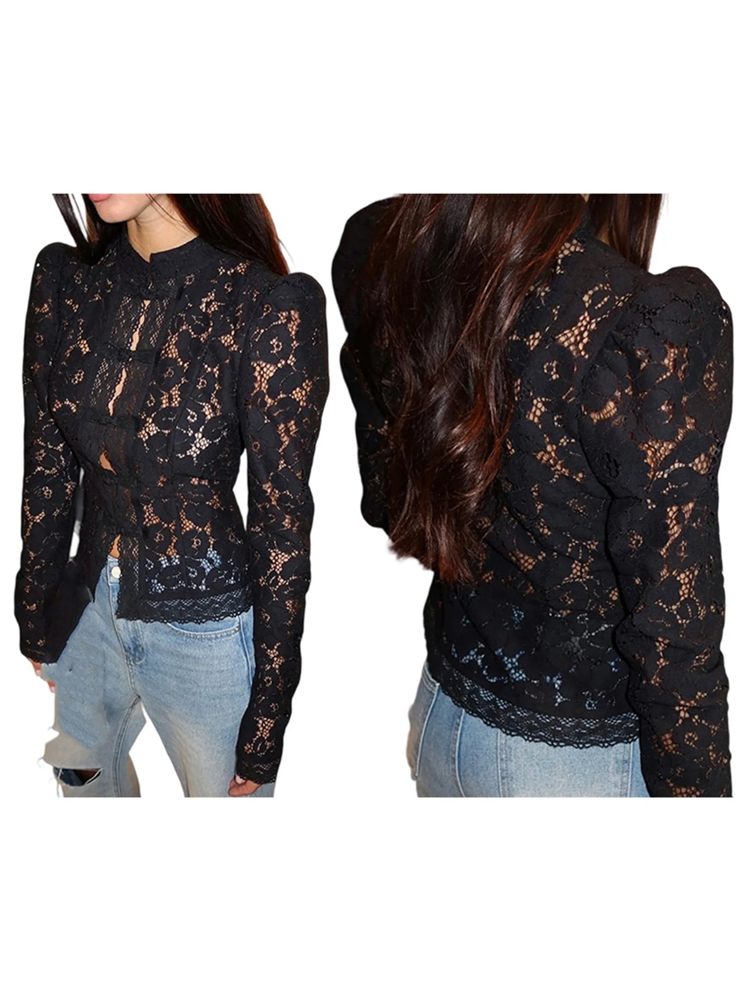 Floral Lace Blouse Women Long Sleeve Button Up For Work