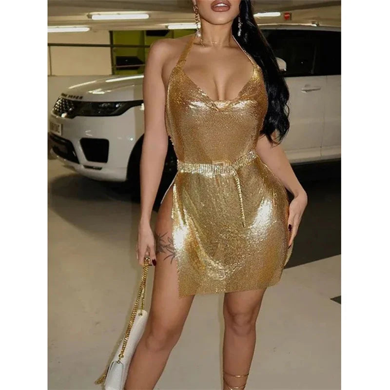 Hirigin Backless Glitter Bodycon Dress Women Sleeveless Clubwear