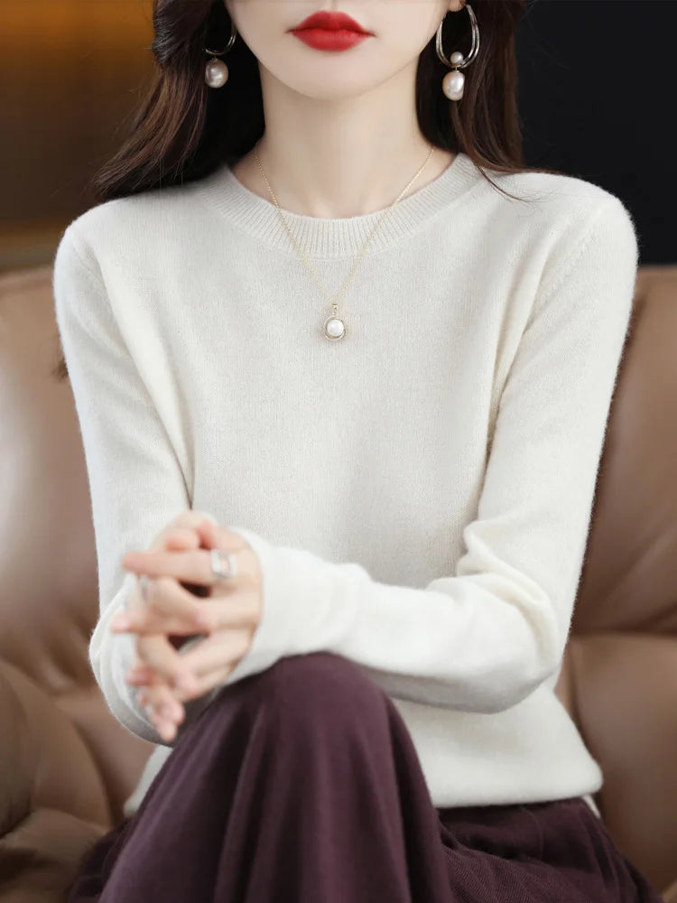 Merino Wool Women's O-Neck Pullover Sweater Long Sleeve Knitwear Top For All Seasons