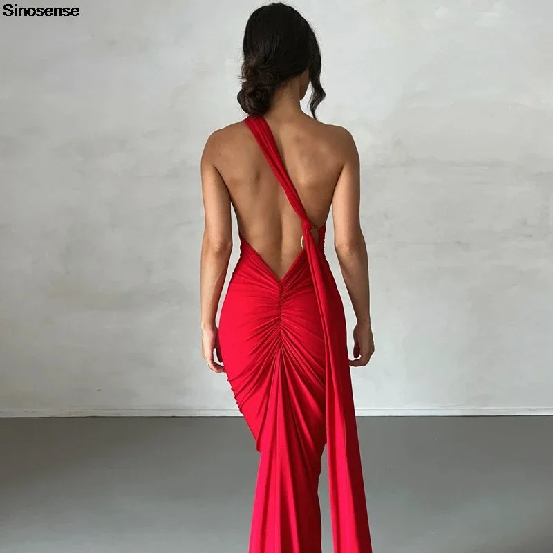 Elegant Women's Backless Ruched Bodycon Maxi Dress For Evening Party