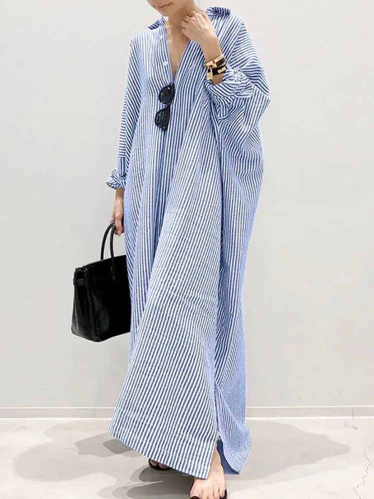 ZANZEACN Stripe Beach Sundress Bohemian Long Sleeve Dress