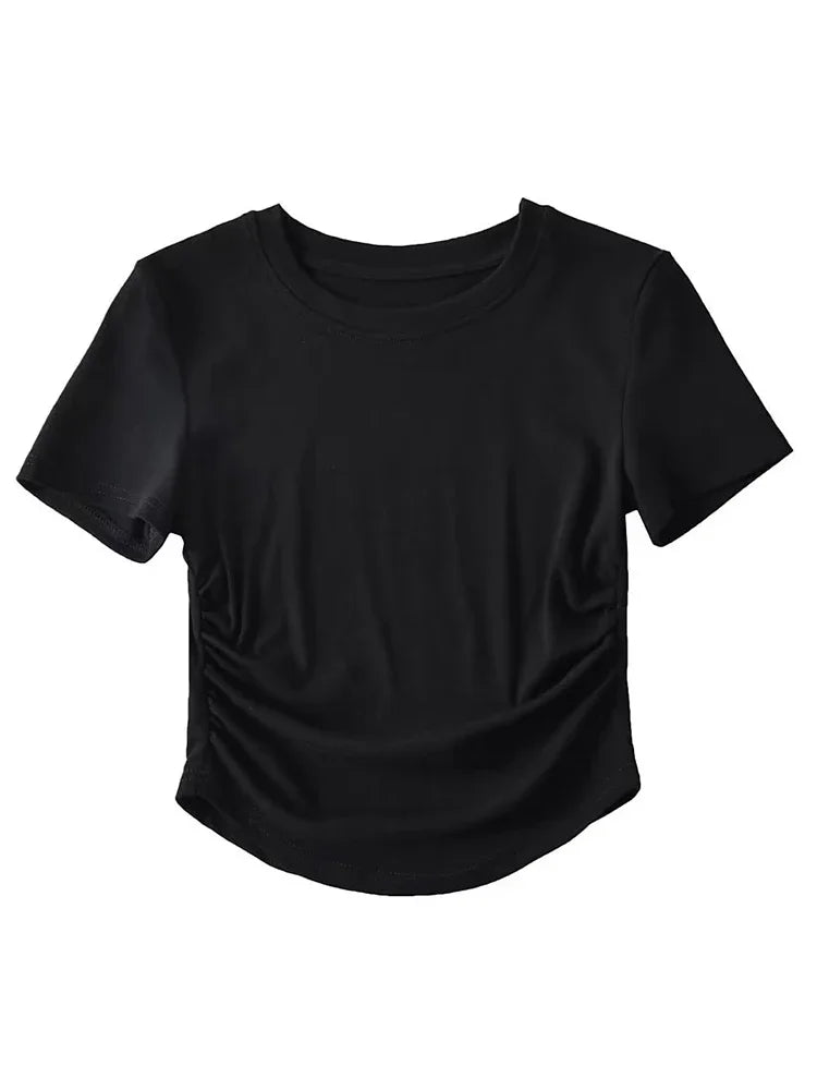 Harajuku Women Ruched Sides Detail Cotton Tee Crew Neck