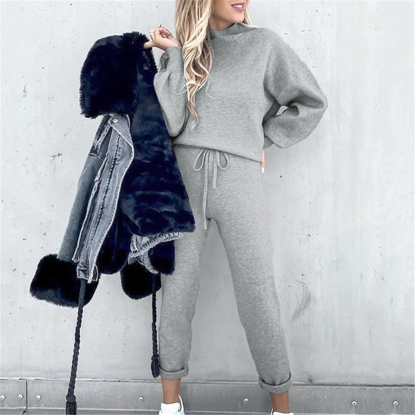 MXWFDYCN Womens Knit Loungewear Set Long Sleeve Wide Leg