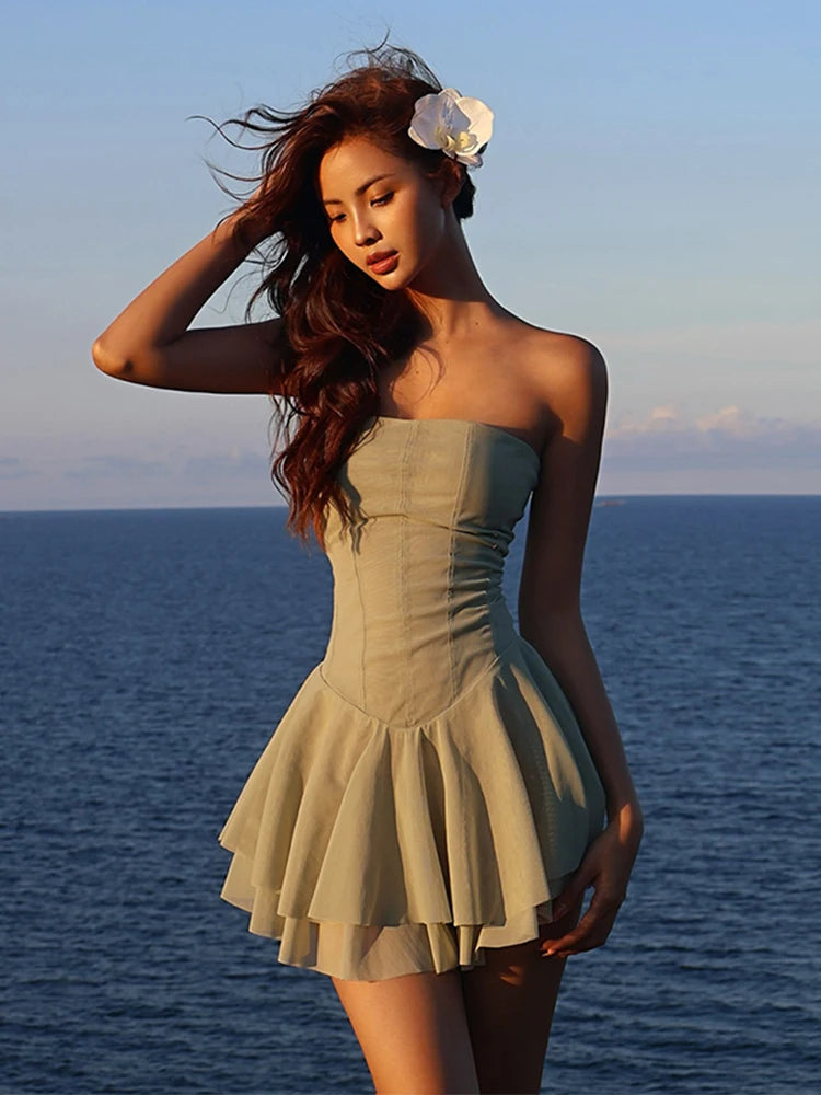 WEIRD PUSSCN Strapless Tiered Dress Women Bodycon Mesh