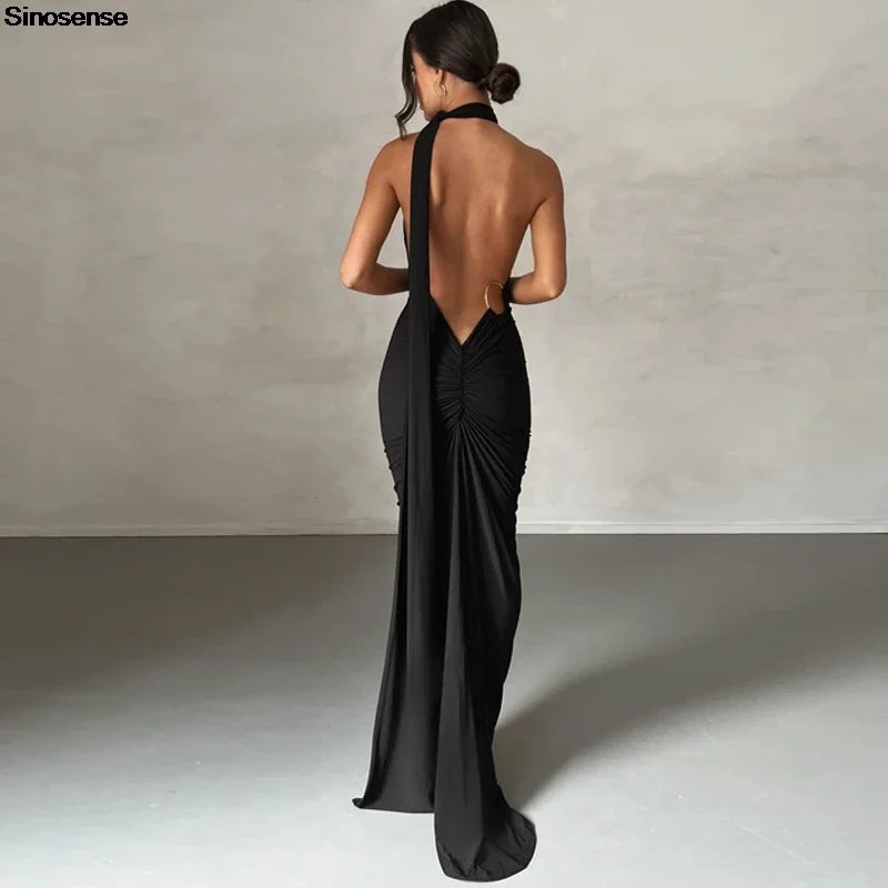 Elegant Women's Backless Ruched Bodycon Maxi Dress For Evening Party