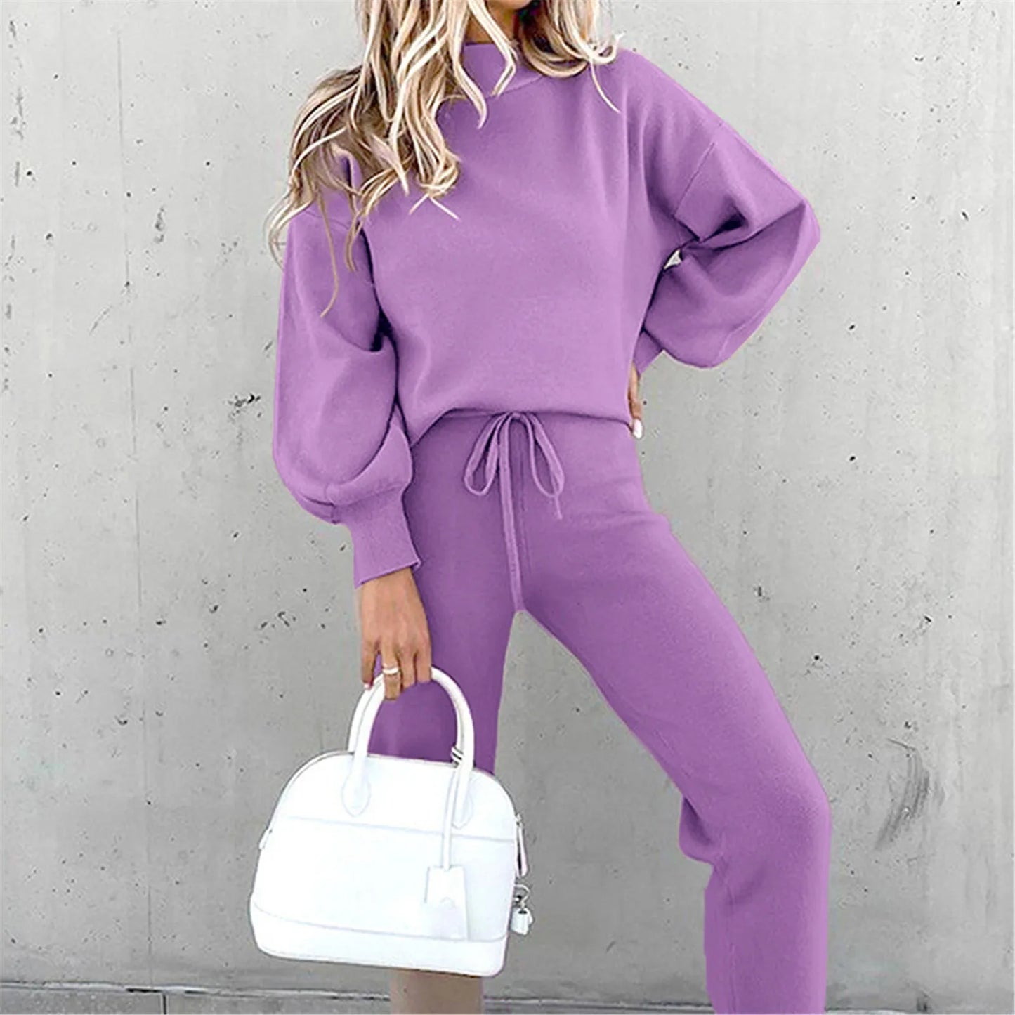 MXWFDYCN Womens Knit Loungewear Set Long Sleeve Wide Leg