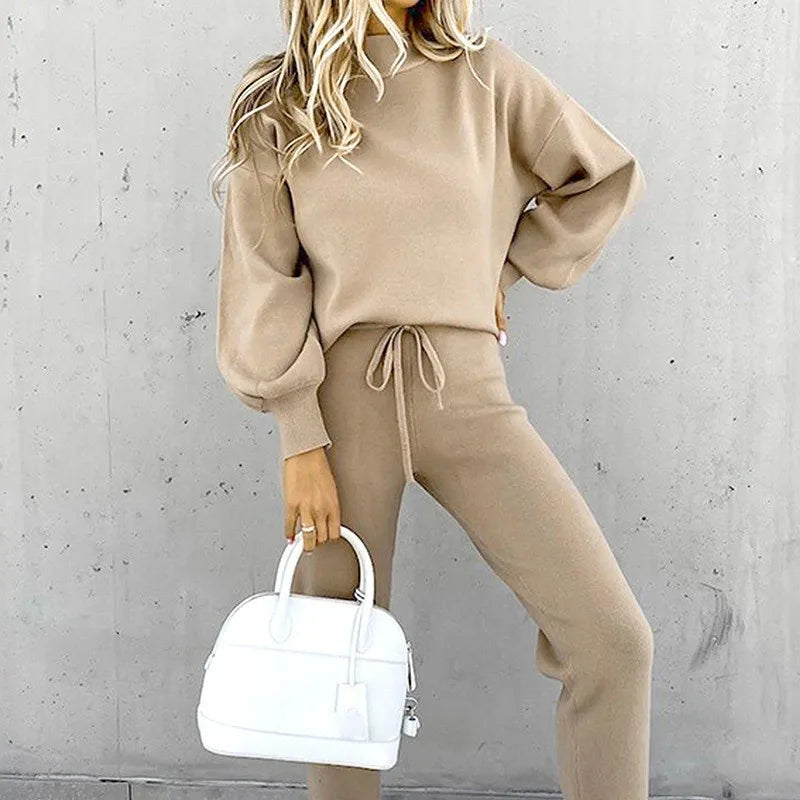 MXWFDYCN Womens Knit Loungewear Set Long Sleeve Wide Leg