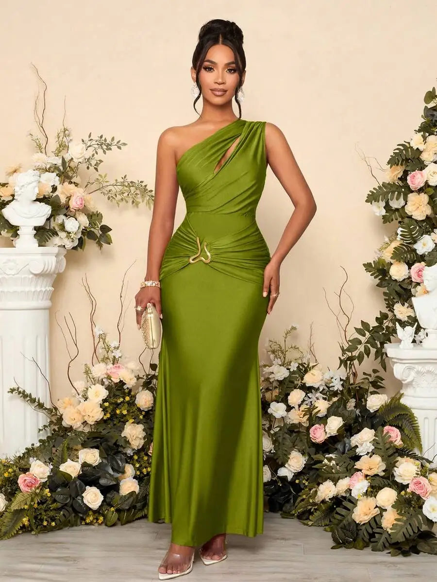 Womens Hollow Asymmetric Neck Metal Decorated Bodycon Maxi Dress