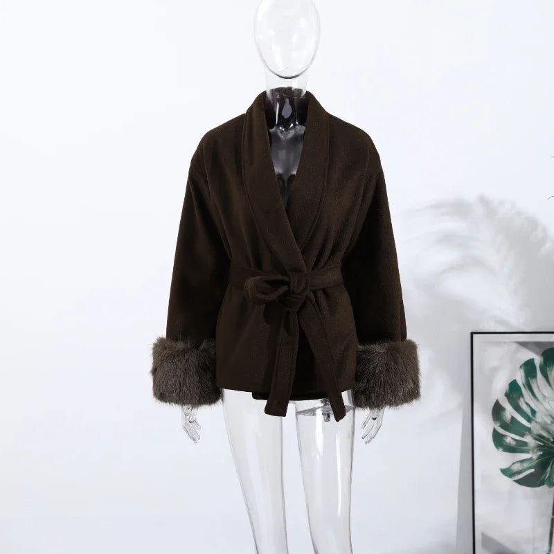 Chin.Sweety Chic Lapel Plush Coat With Belt Tweed Open Front