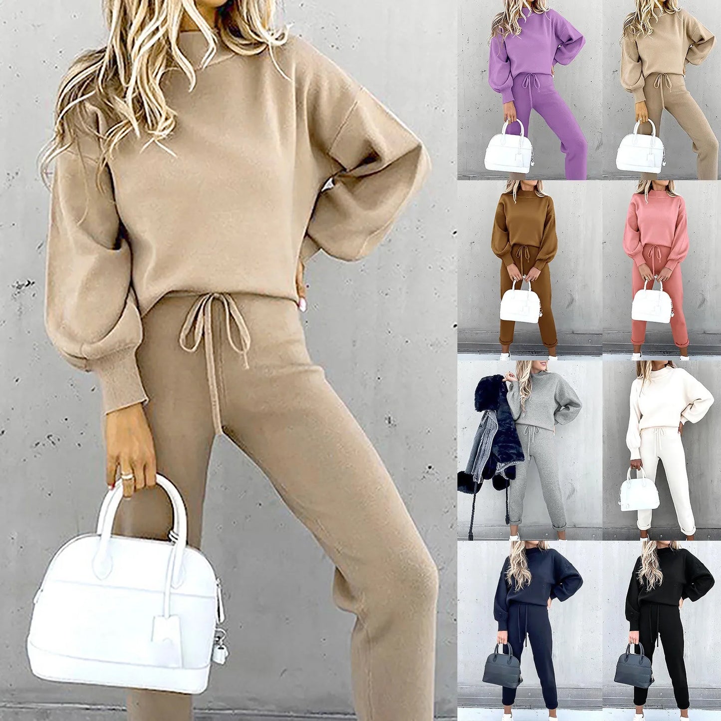 MXWFDYCN Womens Knit Loungewear Set Long Sleeve Wide Leg