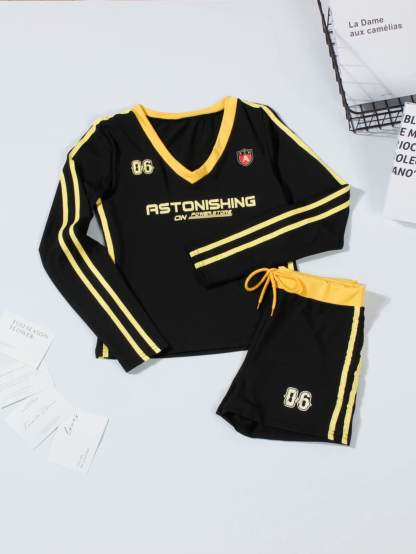 Summer Women 2 Piece Letter Print V Neck Crop Top Set