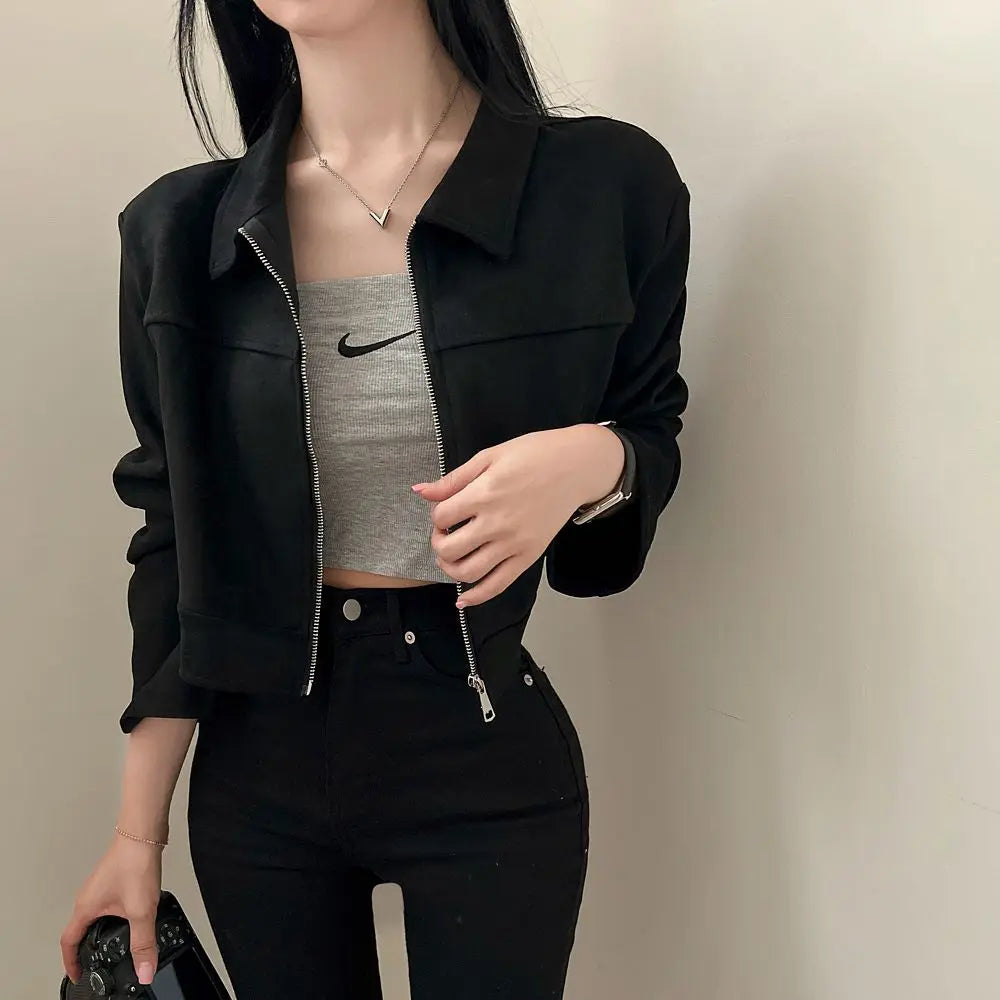 Autumn Lapel Zipper Jacket For Women Short Polyester Casual